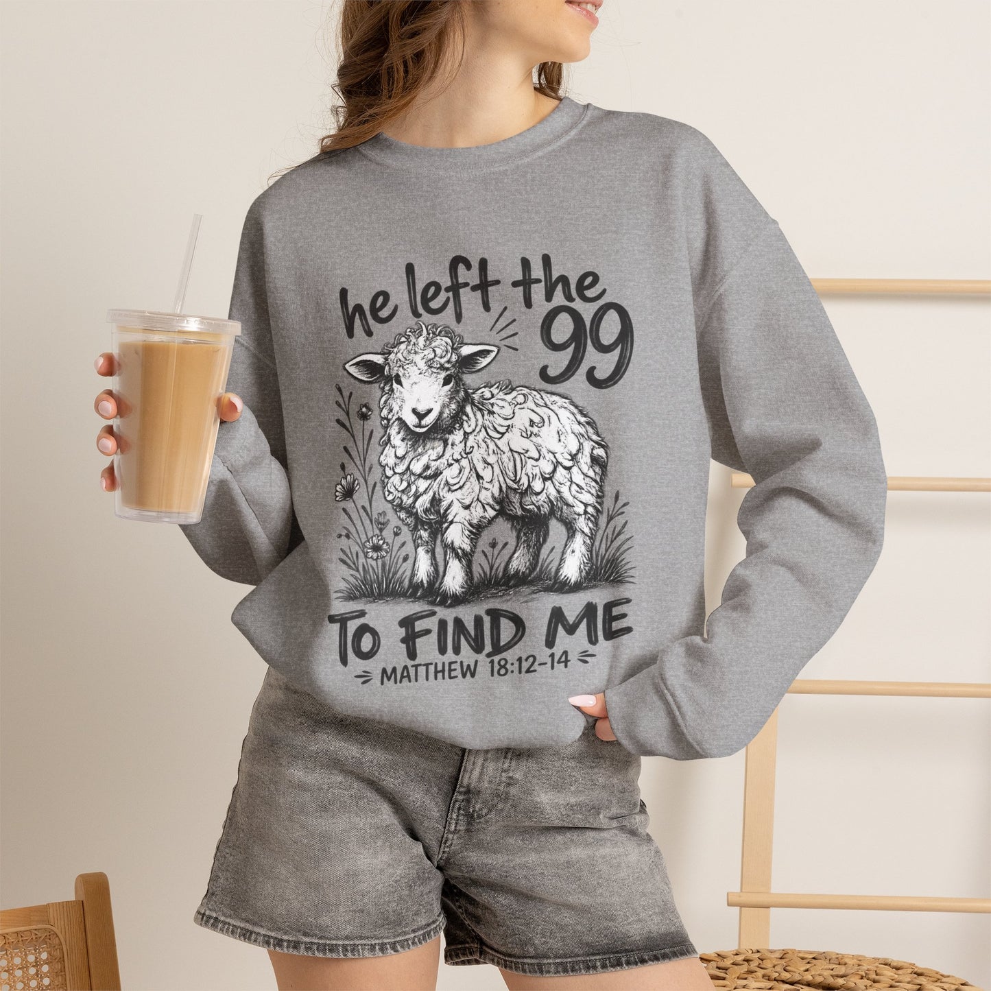 GILDAN - Christian Crewneck Sweatshirt — "He Left the 99 to Find Me" Lamb Graphic