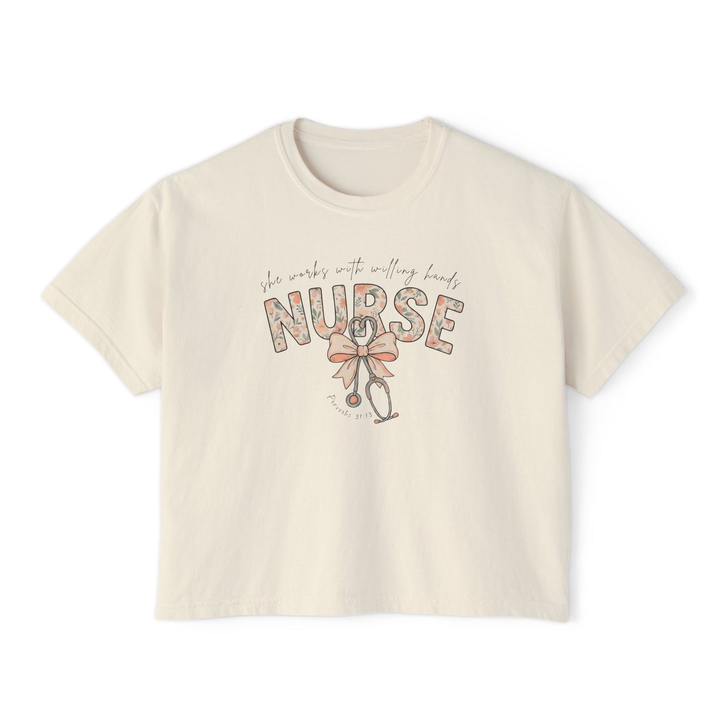 COMFORT COLOR - Nurse Boxy Tee — Floral Stethoscope Graphic for Women, "Nurse" Gift