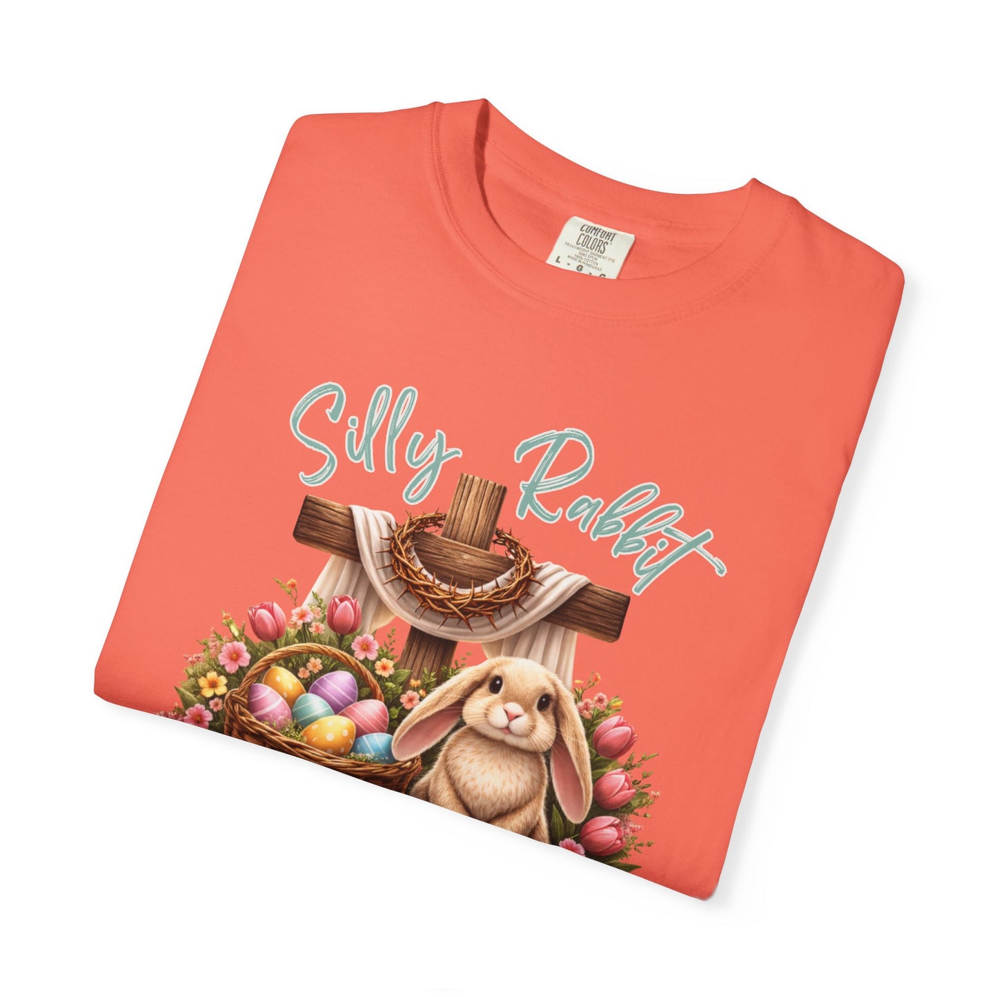COMFORT COLORS -  Silly Rabbit Easter Bunny T-shirt | Pastel Eggs, Basket, Cross Back Print