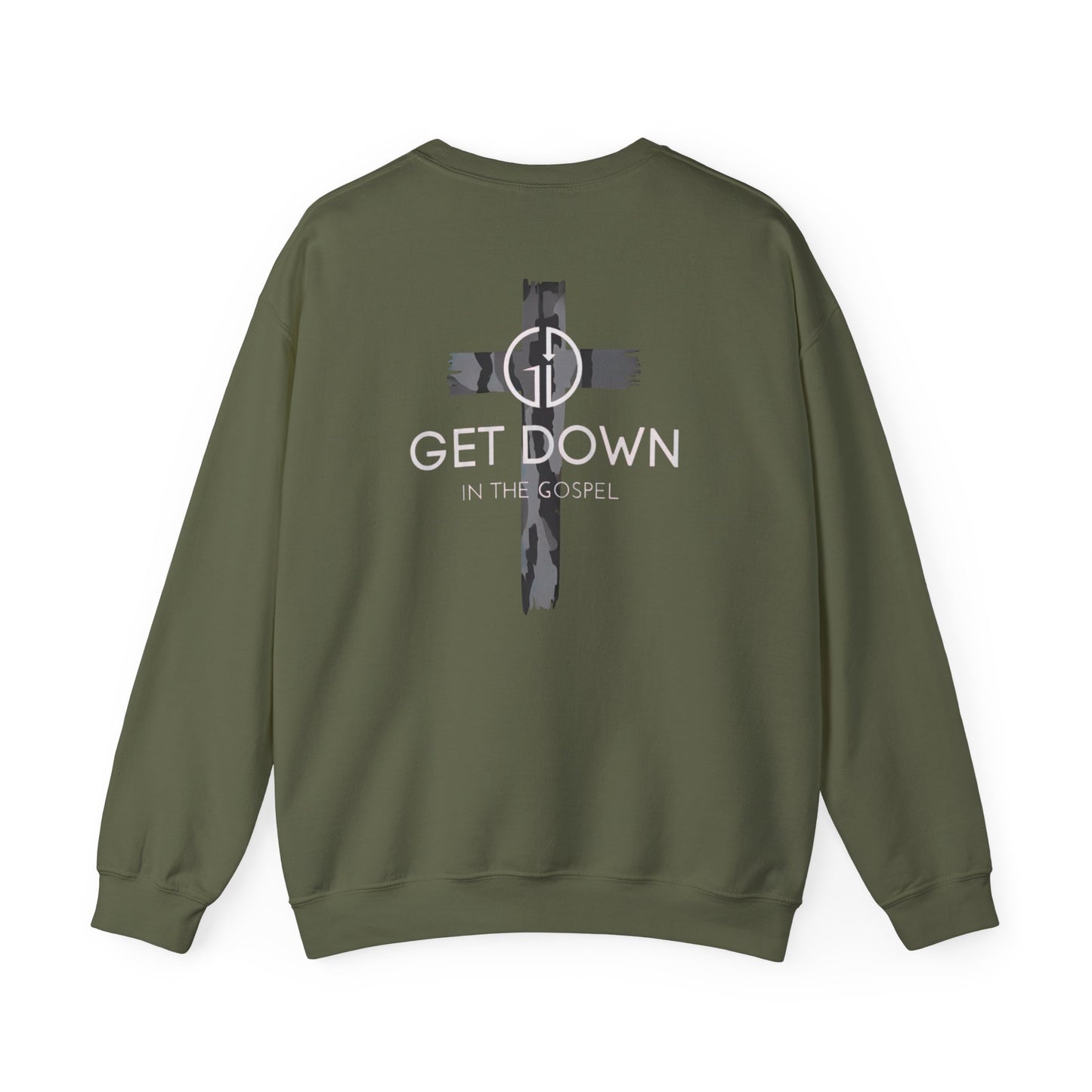 GILDAN - GET DOWN IN THE GOSPEL ADULT SWEATSHIRT GRAY CAMO CROSS