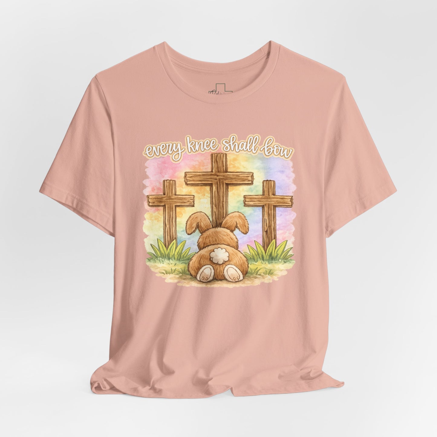 BELLA  CANVAS - Easter Bunny Kneeling at Crosses T‑Shirt — Christian Easter Faith Tee