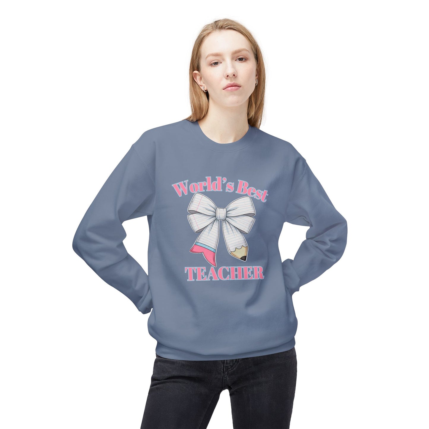 GILDAN -World’s Best Teacher Crewneck Sweatshirt — Bow & Pencil Teacher Gift