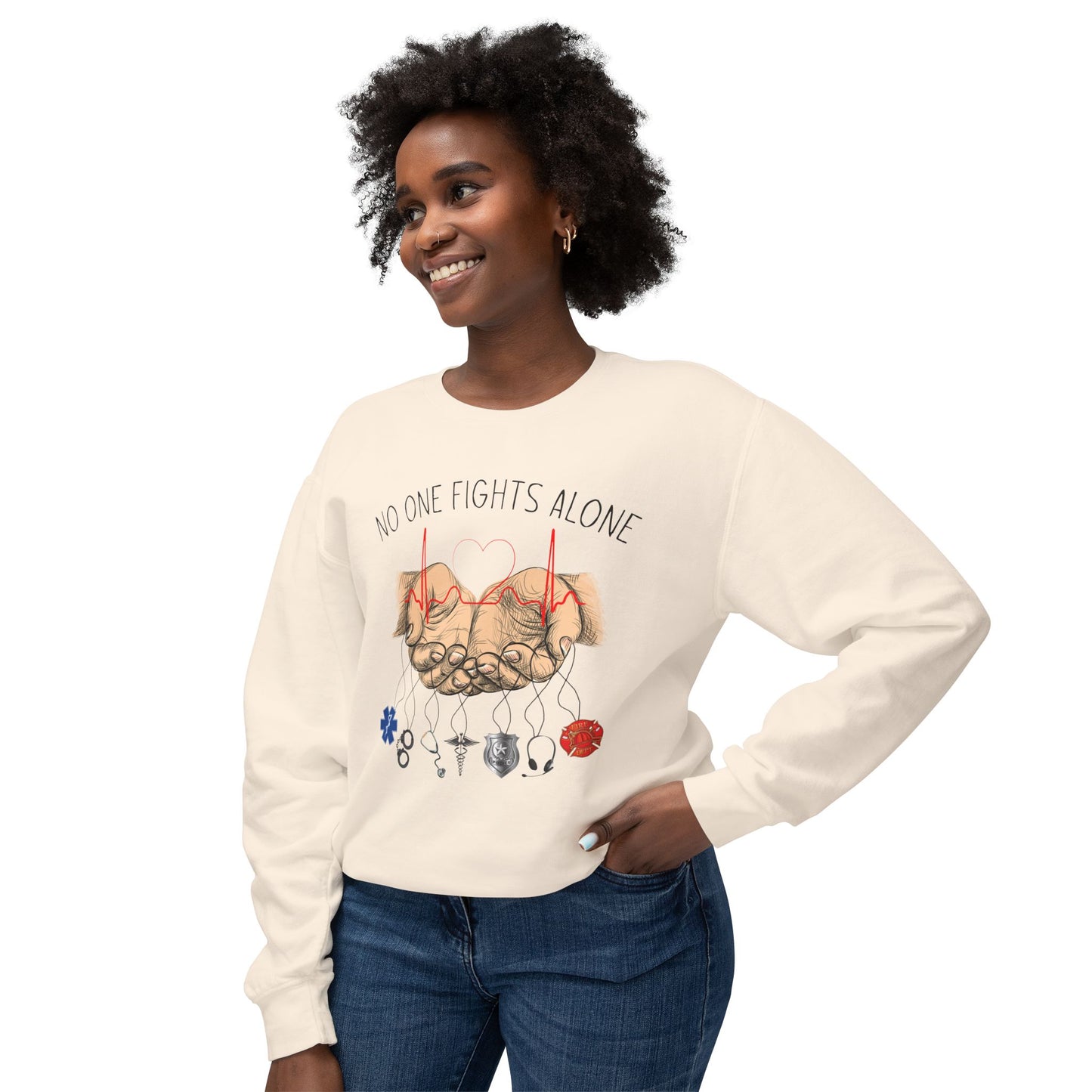 COMFORT COLORS -Crewneck Sweatshirt — "No One Fights Alone" Hands & Medical Symbols Support Pullover