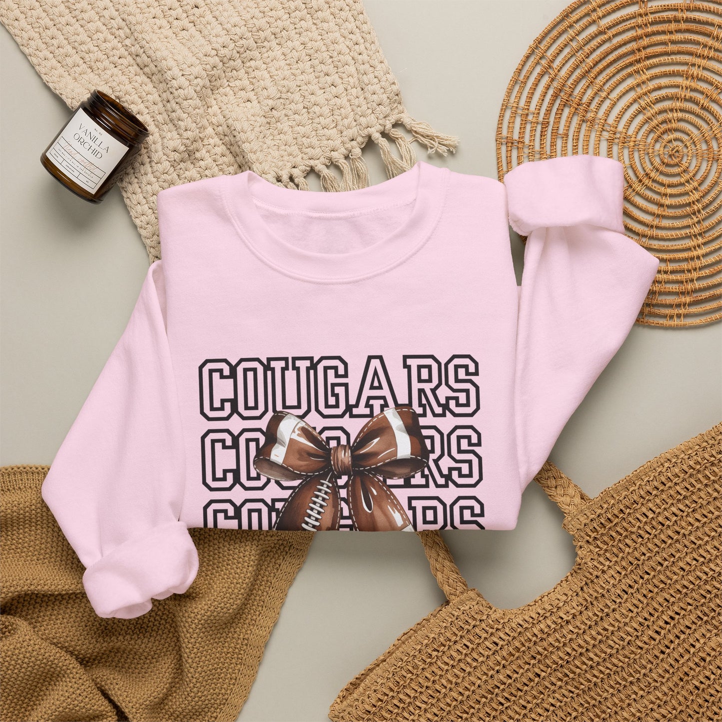 GILDAN - Cougars Cheer Bow Sweatshirt - Repeated Text Graphic Crewneck