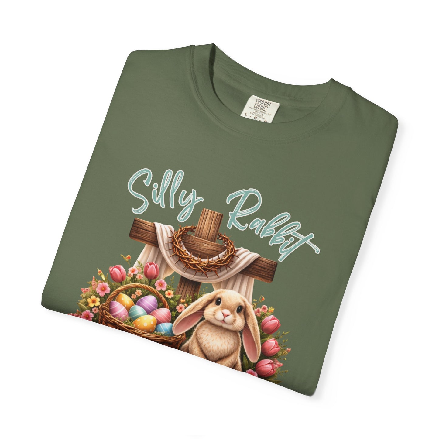 COMFORT COLORS -  Silly Rabbit Easter Bunny T-shirt | Pastel Eggs, Basket, Cross Back Print