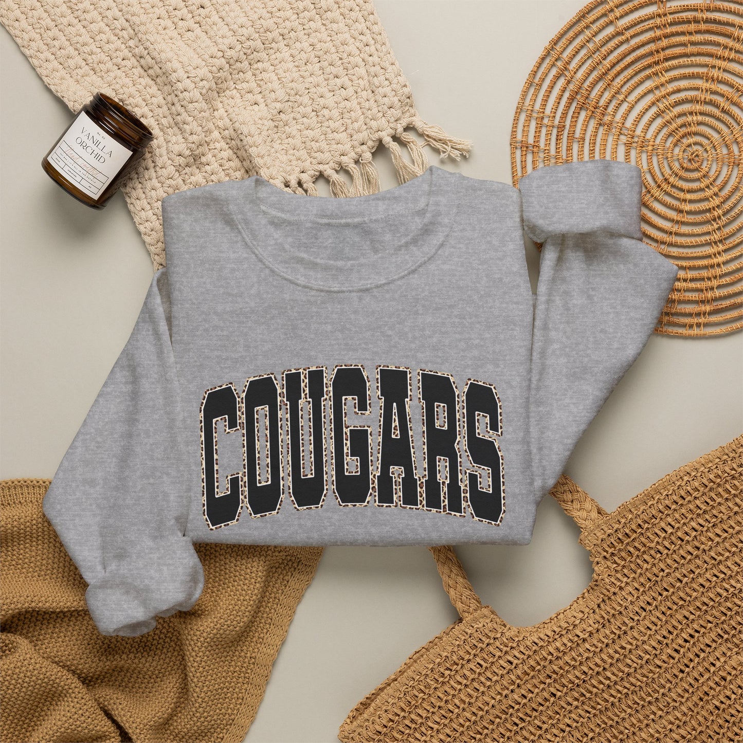 GILDAN - Cougars Crewneck Sweatshirt — BLACK LETTERS LEOPARD OUTLINE - Vintage Collegiate Team Pullover