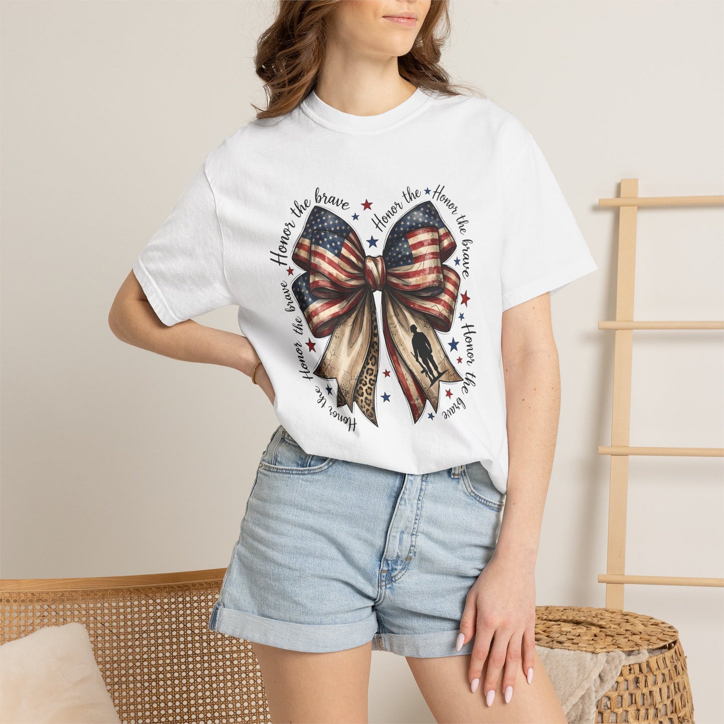 COMFORT COLORS - Patriotic American Flag Bow T-Shirt — "Home of the Brave" Fourth of July Tee