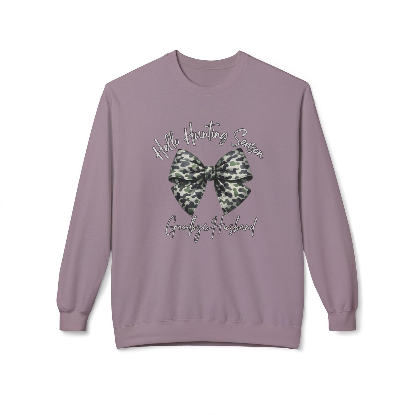 GILDAN - Crewneck Sweatshirt - 'Hate Hunting Season, Goodbye Husband' Camo Bow Graphic