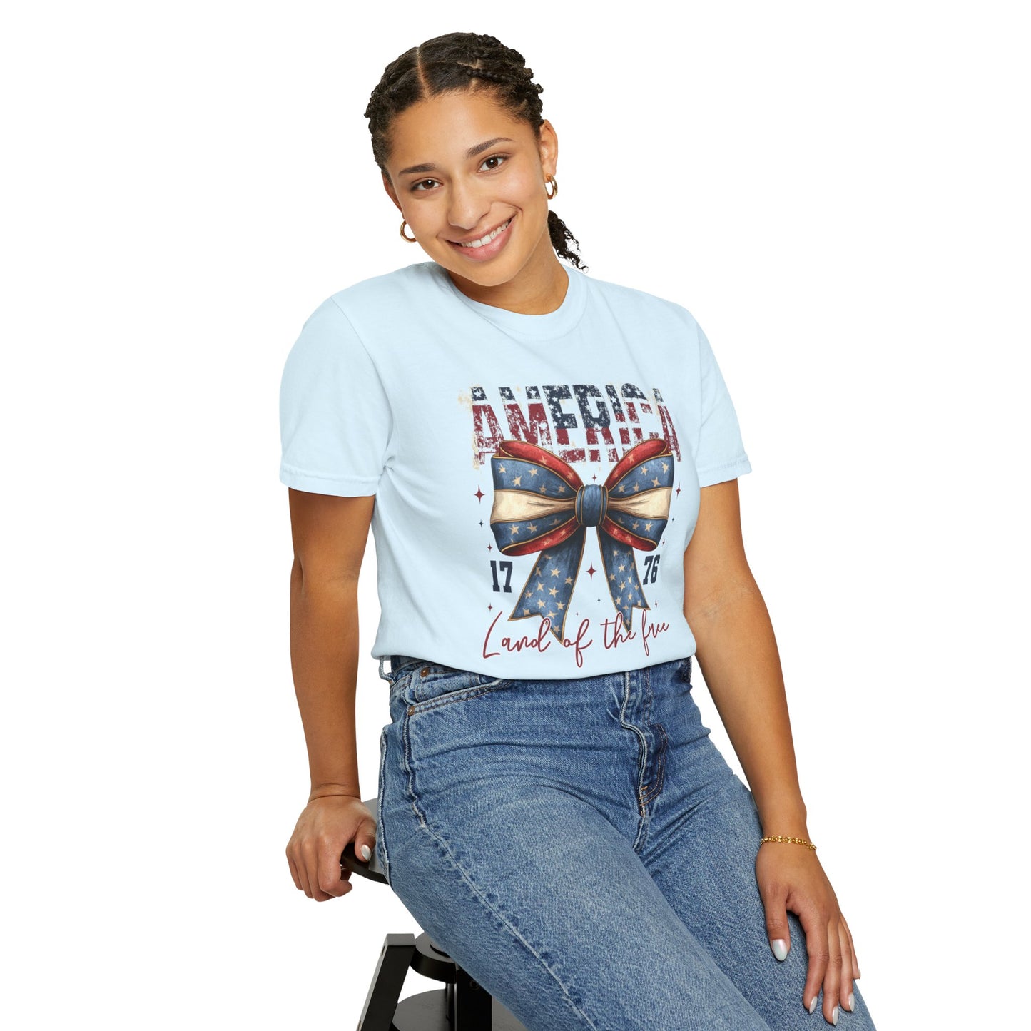 COMFORT OLORS - Patriotic America Bow T-Shirt — "America 1776 Land of the Free" Fourth of July Tee