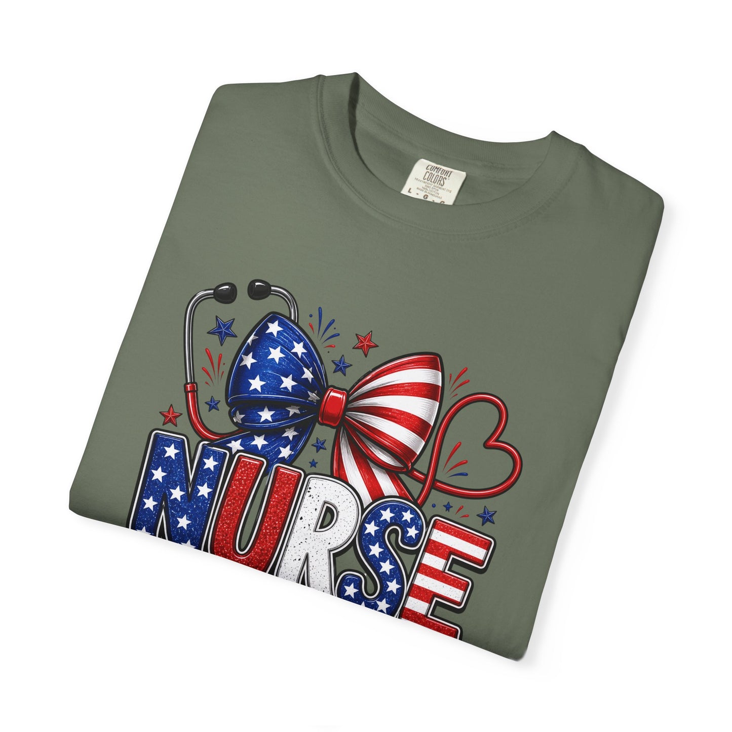 COMFORT COLORS - American Flag Nurse T-Shirt – Patriotic Stethoscope & Bow Healthcare Tee