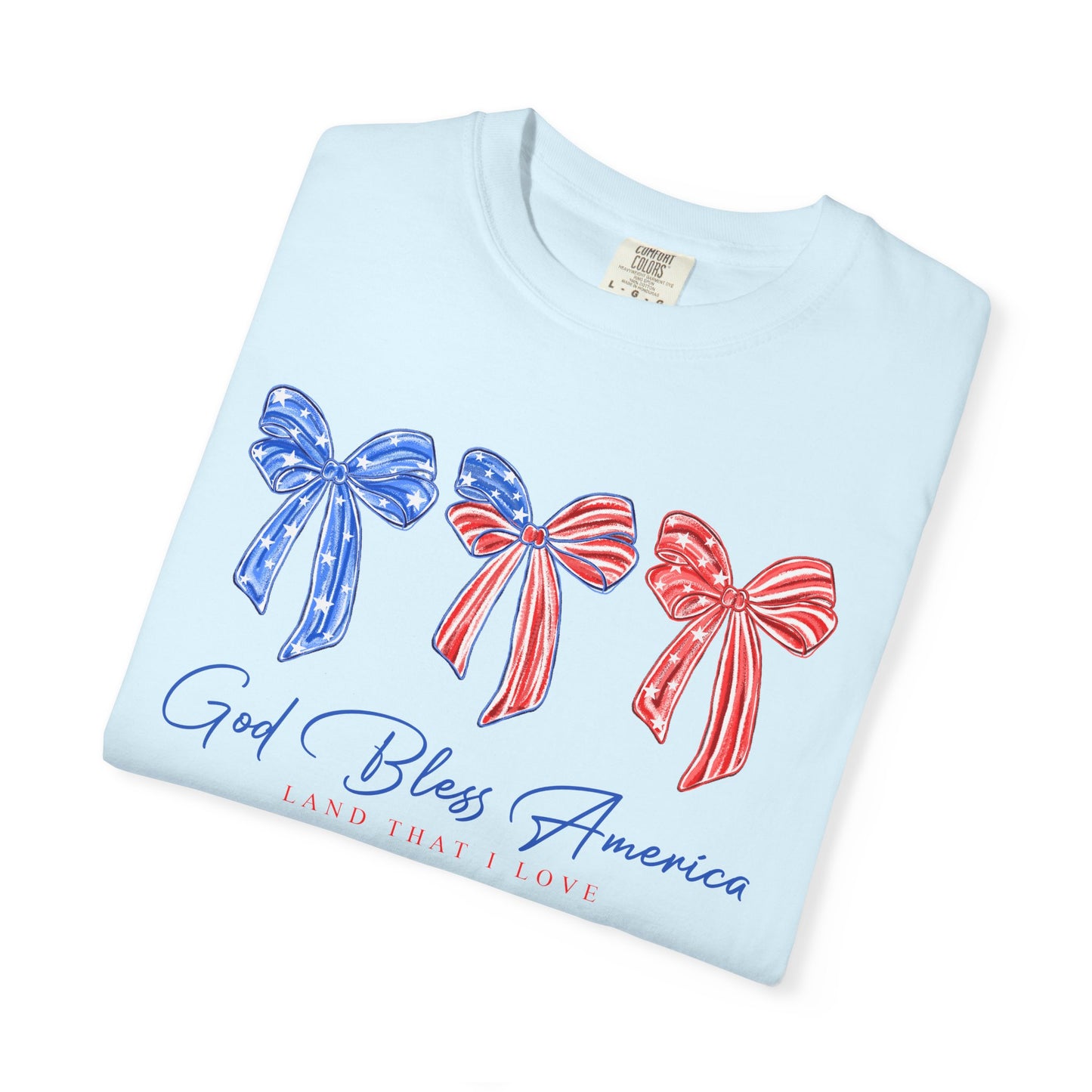 God Bless America Patriotic T-Shirt — Red, White & Blue Bow Design