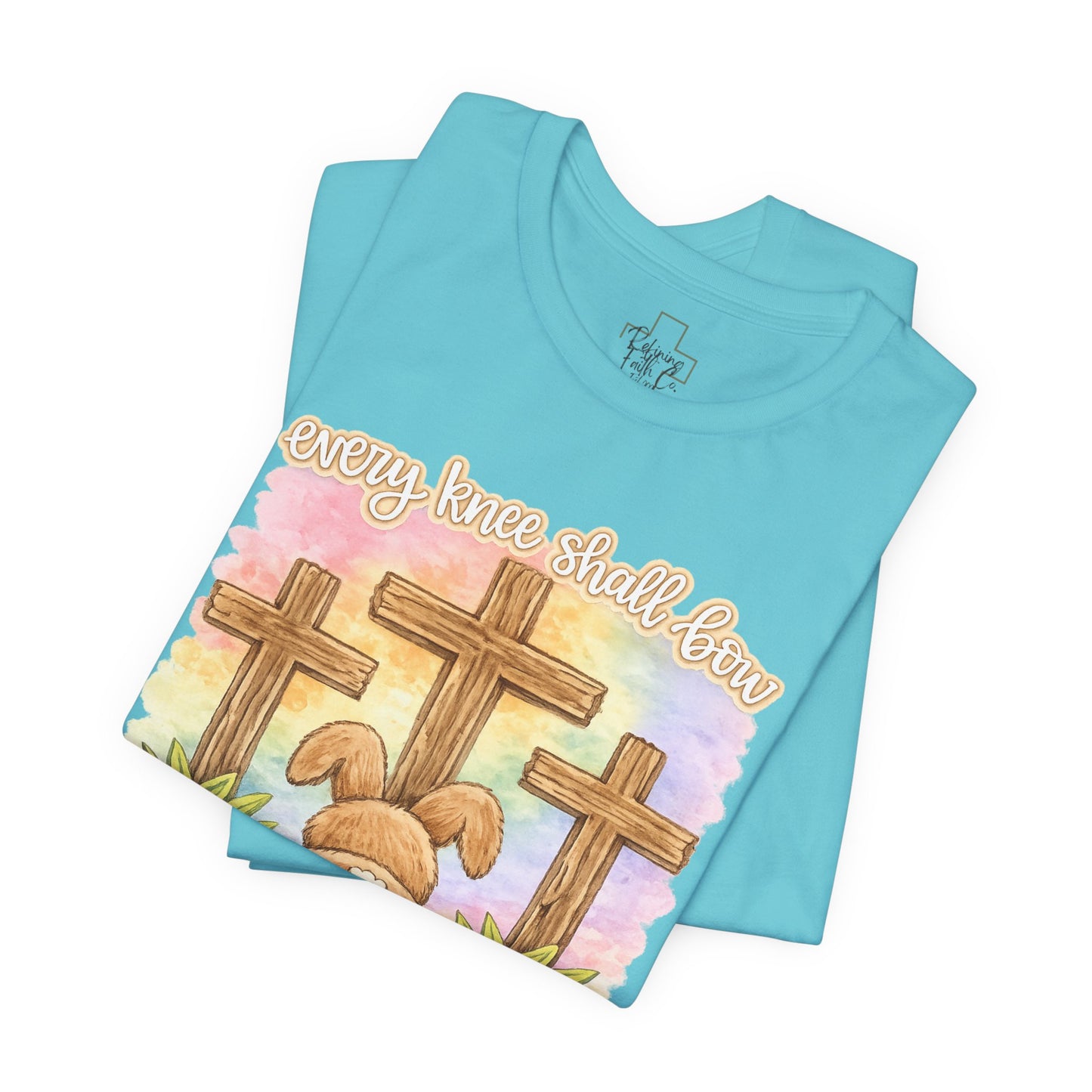 BELLA  CANVAS - Easter Bunny Kneeling at Crosses T‑Shirt — Christian Easter Faith Tee