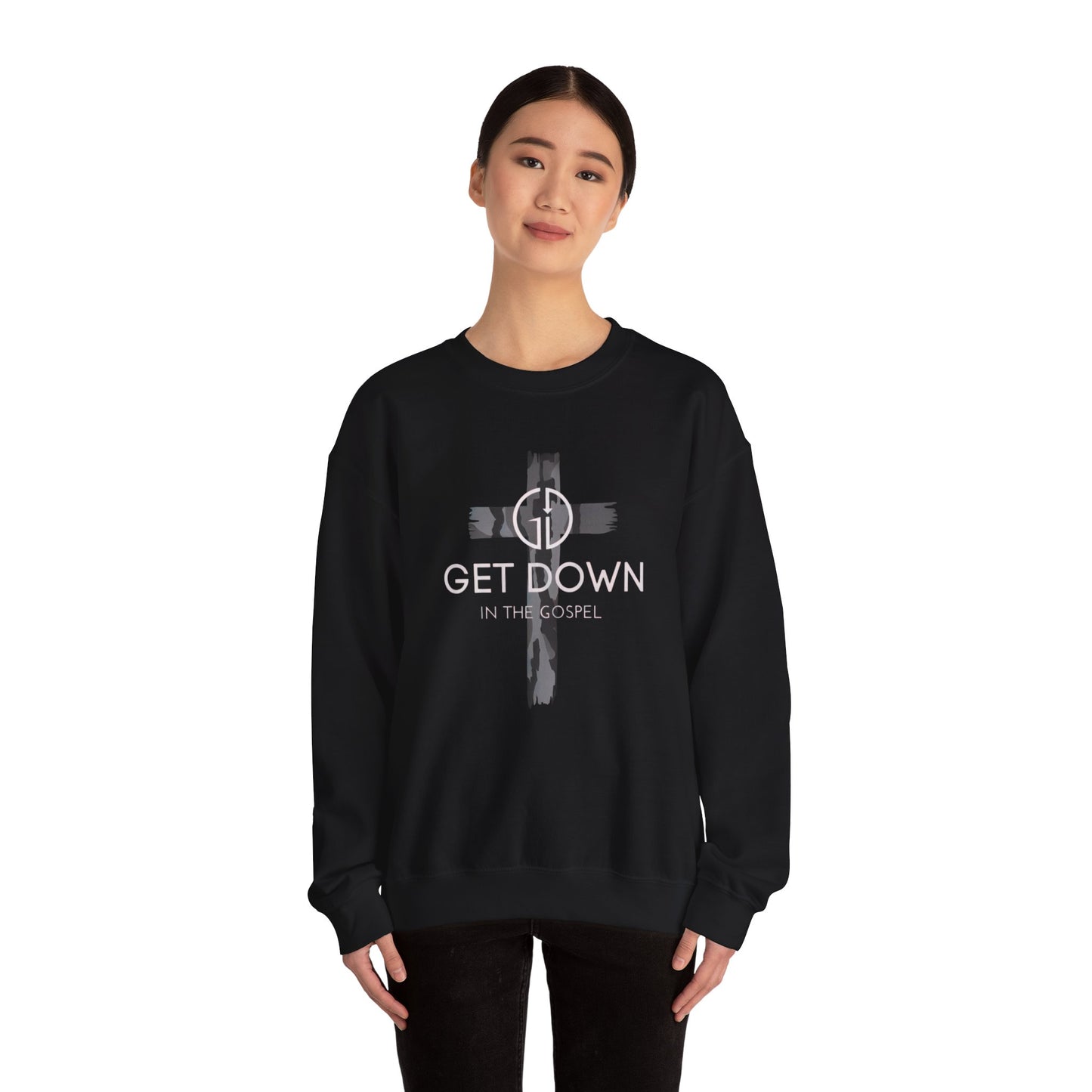 GET DOWN IN THE GOSPEL ADULT SWEATSHIRT GRAY CAMO CROSS