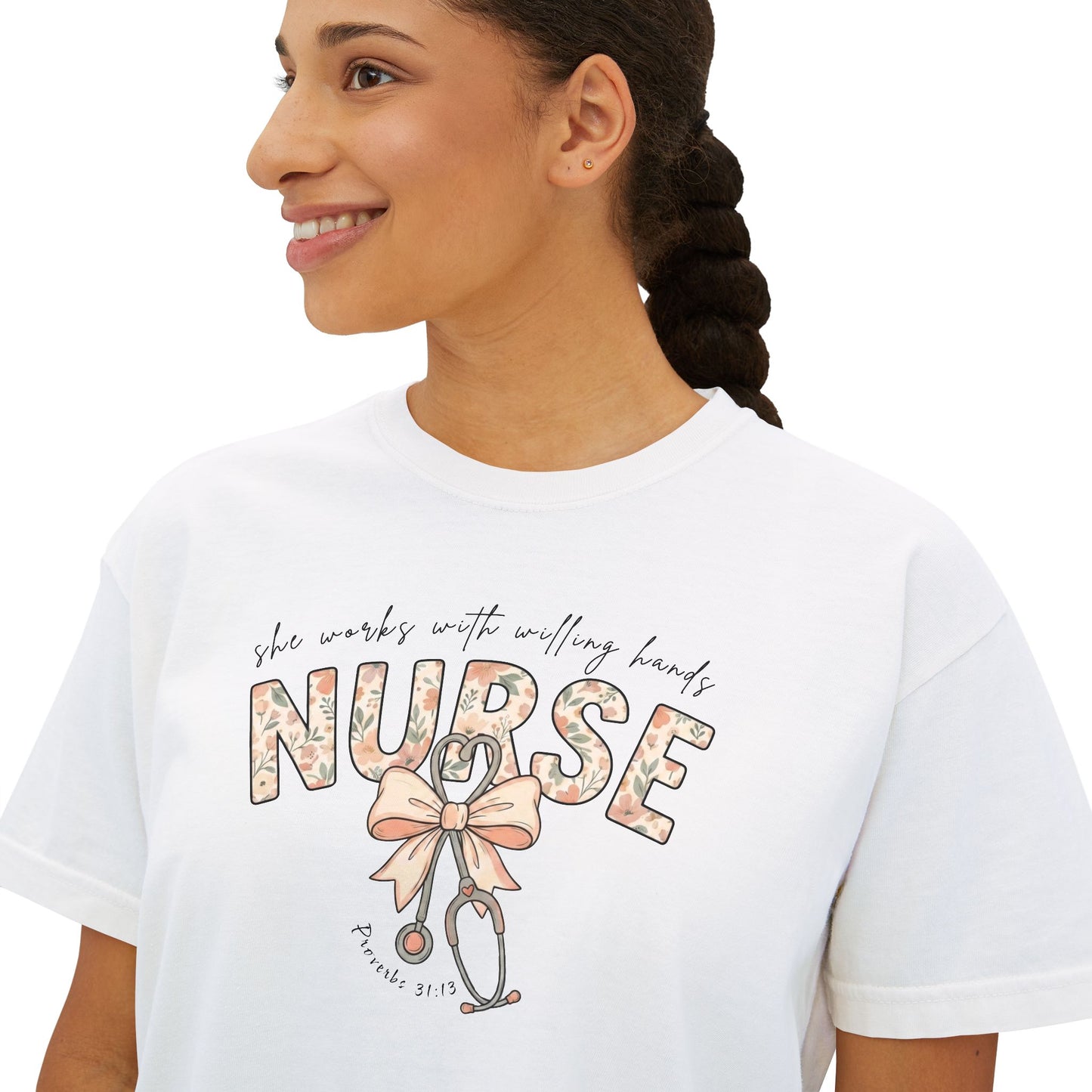 COMFORT COLOR - Nurse Boxy Tee — Floral Stethoscope Graphic for Women, "Nurse" Gift