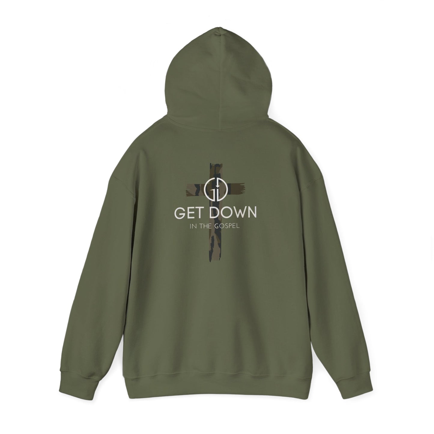 GET DOWN IN THE GOSPEL ADULT HOODIE GREEN CAMO CROSS