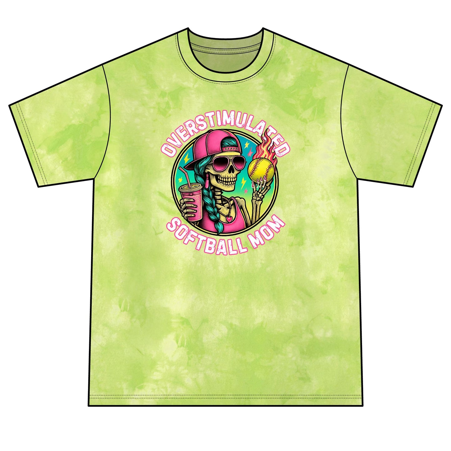 Overstimulated Softball Mom Tie-Dye Tee — Neon Crystal Green