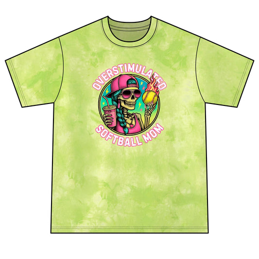 Overstimulated Softball Mom Tie-Dye Tee — Neon Crystal Green