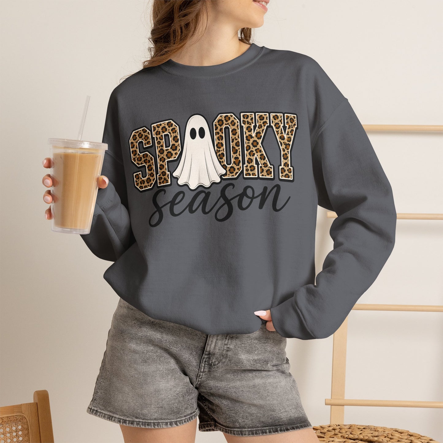 GILDAN - Spooky Season Sweatshirt — Leopard Print Ghost Halloween Crewneck