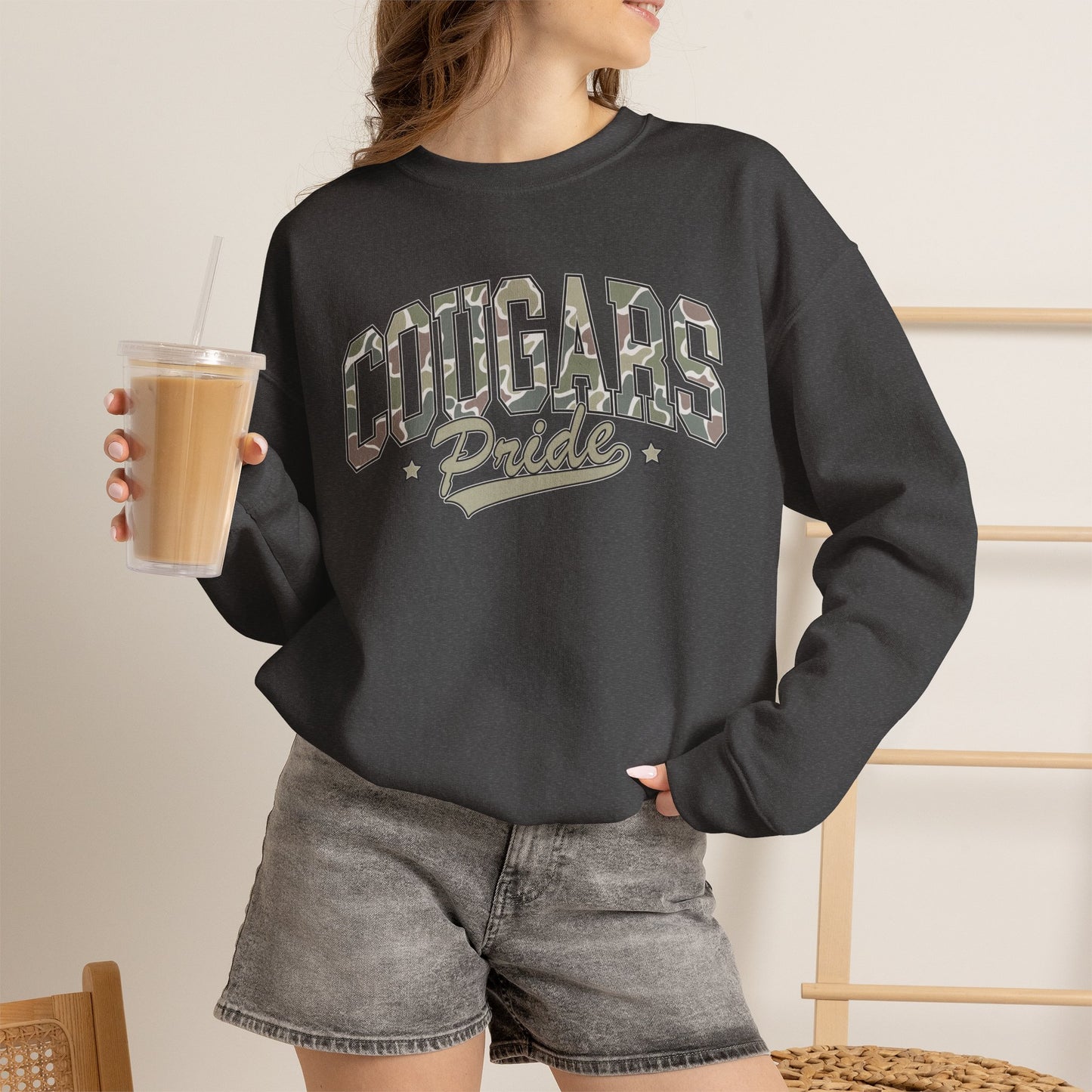 GILDAN - Cougars Pride Crewneck Sweatshirt — Vintage Camo School Spirit Pullover