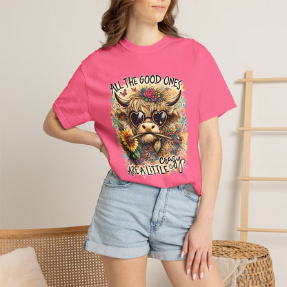 COMFORT COLORS - Cow Graphic T-Shirt — "All the Good Ones Are a Little Crazy" Floral Sunflower Design