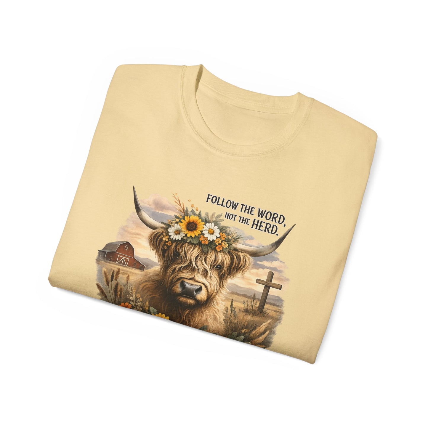 Cow Floral Tee — "Follow the Word, Not the Herd" Graphic T-Shirt