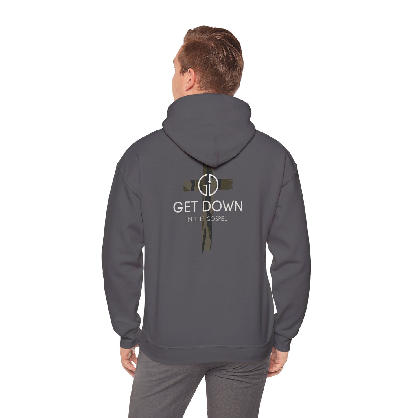 GET DOWN IN THE GOSPEL ADULT HOODIE GREEN CAMO CROSS