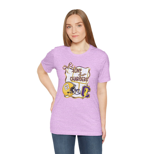***NEED TO PERSONALIZE THIS ? DO NOT ORDER THIS SHIRT - CONTACT ME @REFININGFAITHCOMPANY@GMAIL.COM TO PERSONALIZE THIS *** Chargers Football Tee - "Love Your Chargers" Helmet Graphic