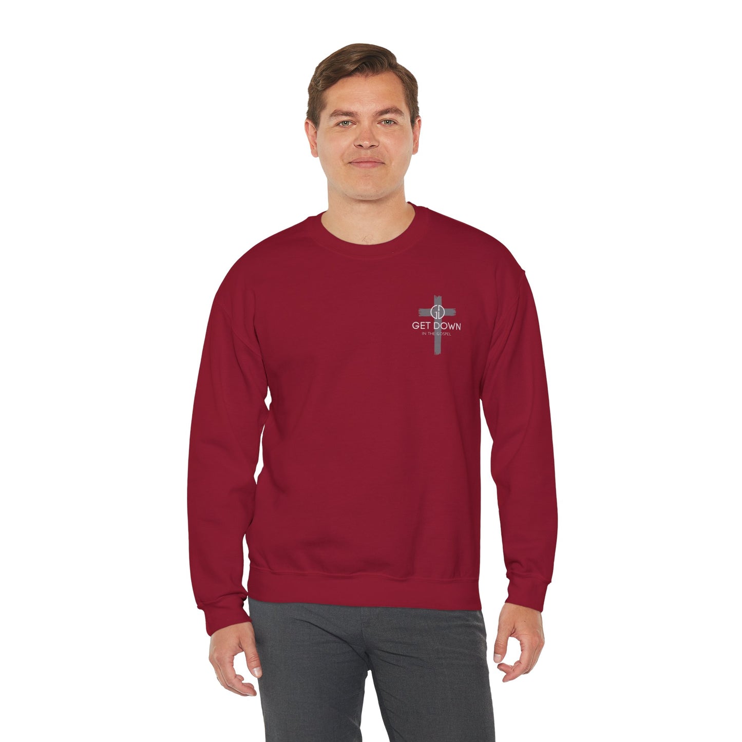 GET DOWN IN THE GOSPEL GRAY CROSS WHITE FONT