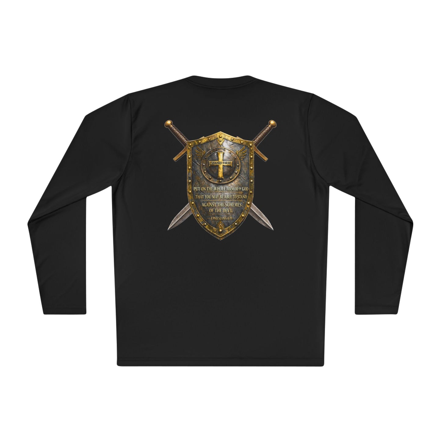 Christian Shield & Swords Long Sleeve Tee — "Get Down on Your Knees" Faith Graphic