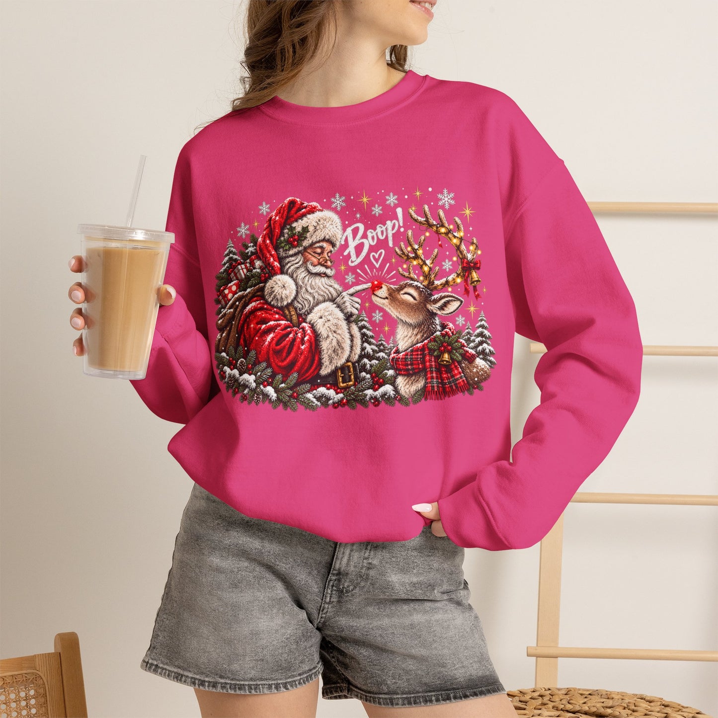 GILDAN - Christmas Santa and Reindeer Crewneck Sweatshirt