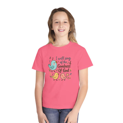 COMFORT COLORS - Youth Tee — "I Will Sing of the Goodness of God" Cute Bird Christian Kids Shirt