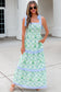Green Geometric Floral Print Striped Patchwork Detail Sleeveless Dress（Runs Small ）