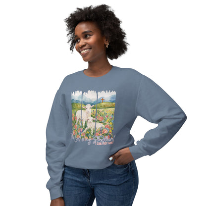 COMFORT COLORS - Shepherd Lamb Crewneck Sweatshirt — "Thou Wilt Keep Him in Perfect Peace" Floral Lamb Design