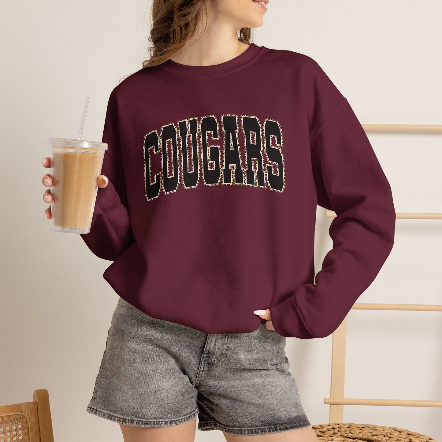 GILDAN - Cougars Crewneck Sweatshirt — BLACK LETTERS LEOPARD OUTLINE - Vintage Collegiate Team Pullover
