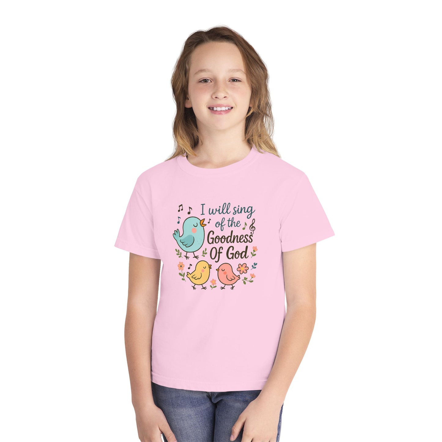 COMFORT COLORS - Youth Tee — "I Will Sing of the Goodness of God" Cute Bird Christian Kids Shirt