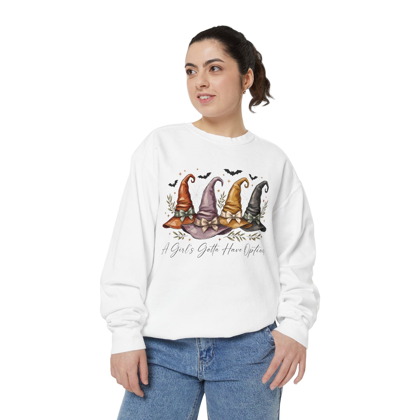 COMFORT COLORS - Gnome Trio Cozy Sweatshirt — "A Girl's Gotta Have Options" Fall Graphic