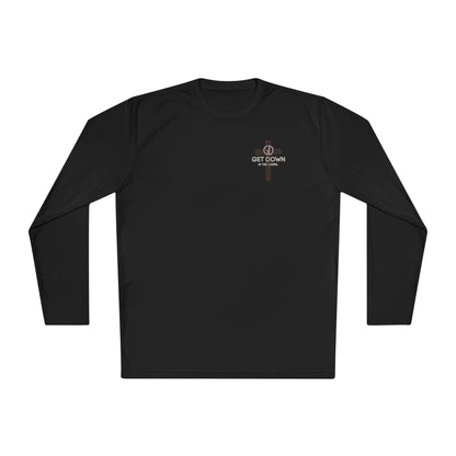 Christian Shield & Swords Long Sleeve Tee — "Get Down on Your Knees" Faith Graphic
