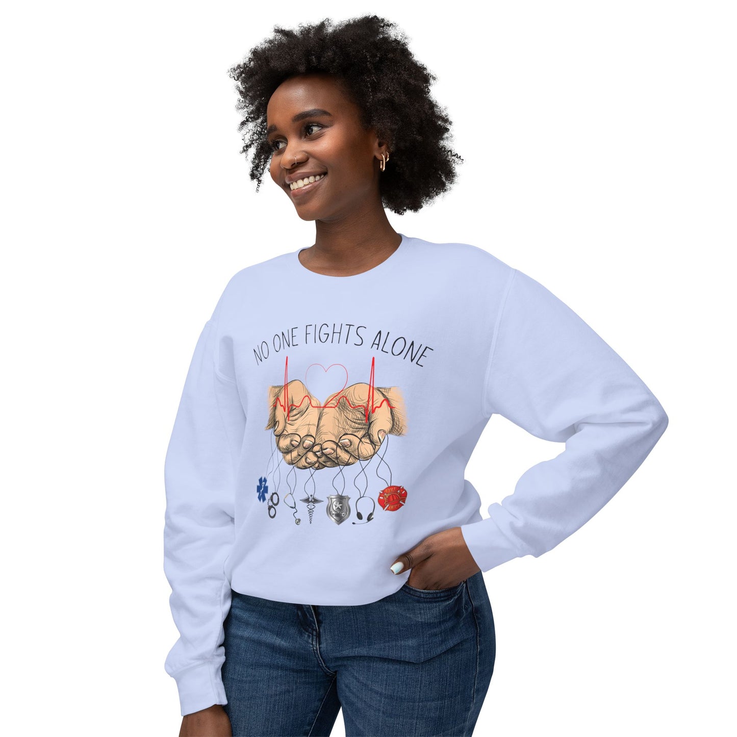 COMFORT COLORS -Crewneck Sweatshirt — "No One Fights Alone" Hands & Medical Symbols Support Pullover