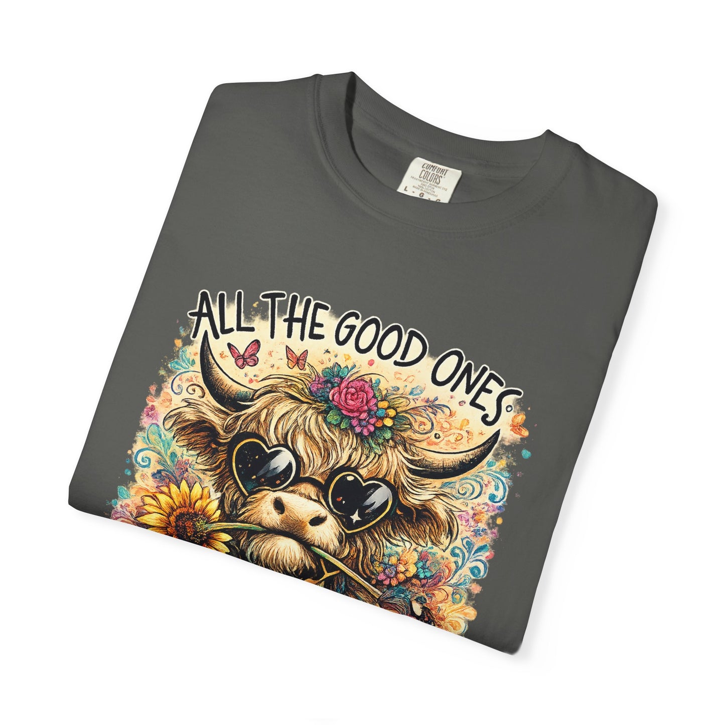 COMFORT COLORS - Cow Graphic T-Shirt — "All the Good Ones Are a Little Crazy" Floral Sunflower Design