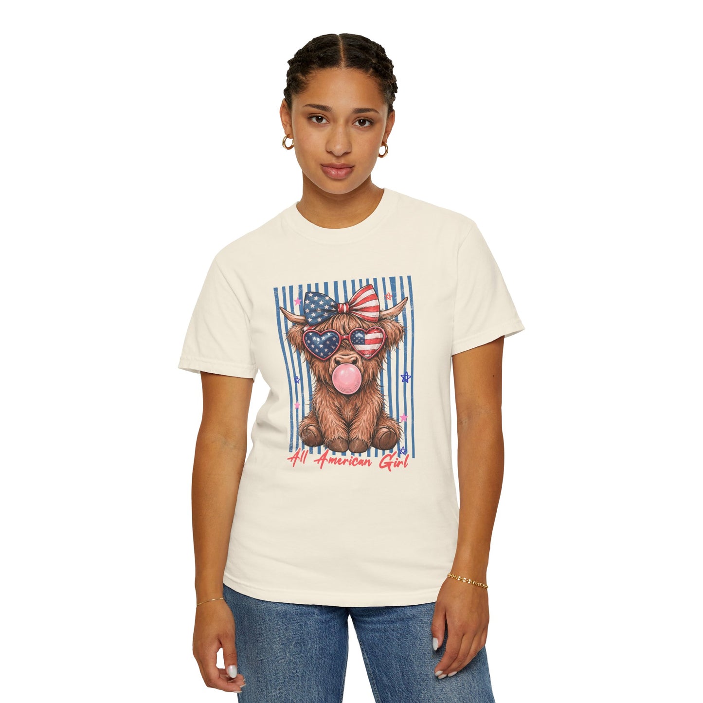 COMFORT COLORS - All American Girl T-Shirt — Patriotic Cow Pup Graphic Tee