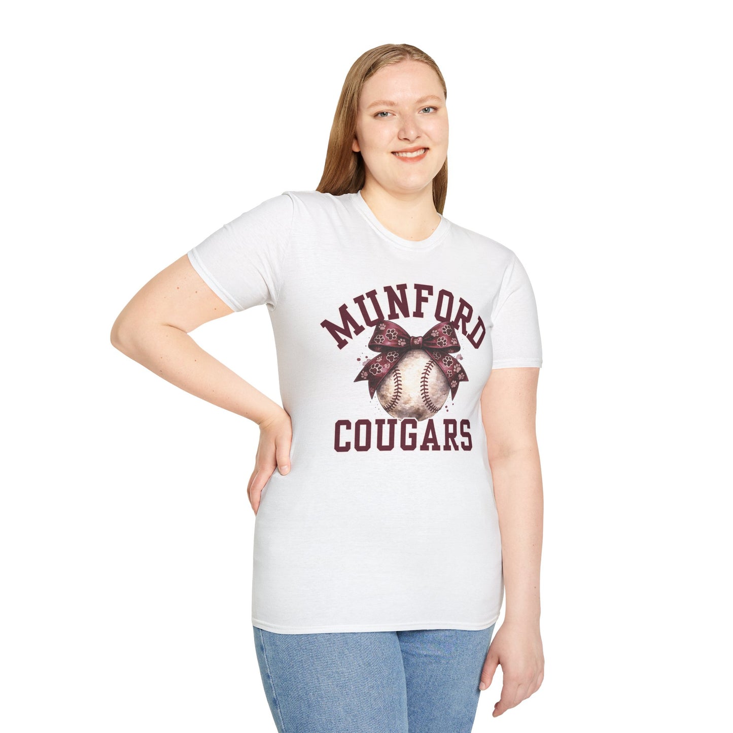 Munford Cougars Softball T-Shirt — Baseball with Bow Team Tee