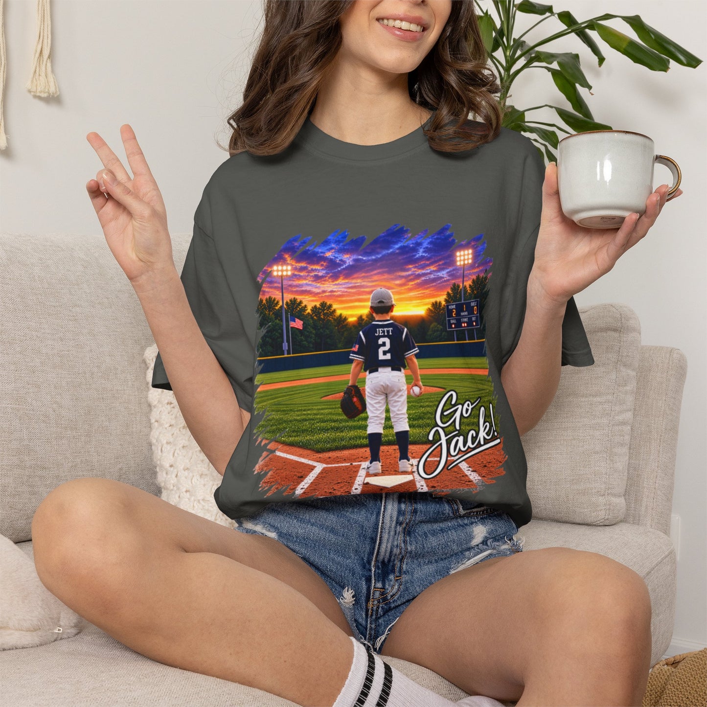 *** SPECIAL REQUESTS - MORGAN JETT - COMFORT COLORS - Baseball Player Sunset T-Shirt — "Go Jack" Personalized Team Tee