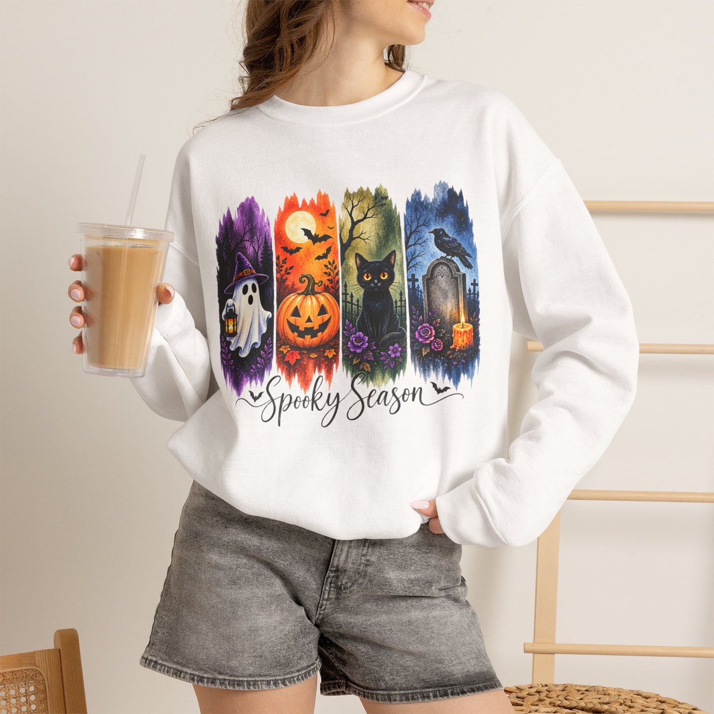 GILDAN - Spooky Season Halloween Crewneck Sweatshirt — Ghost, Jack-O'-Lantern & Black Cat Design
