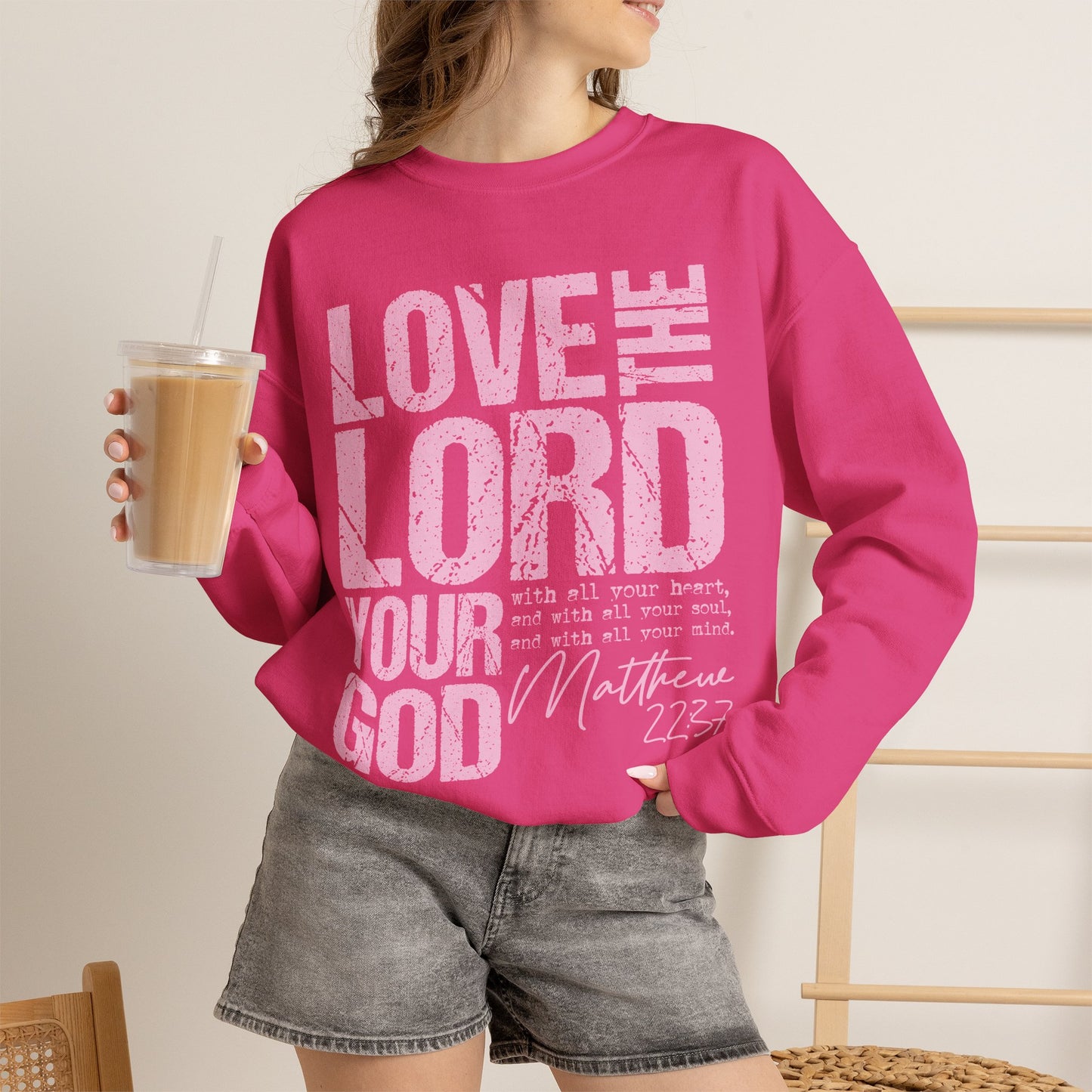 GILDAN - Christian Crewneck Sweatshirt — "Love the Lord Your God" Pink Scripture Graphic
