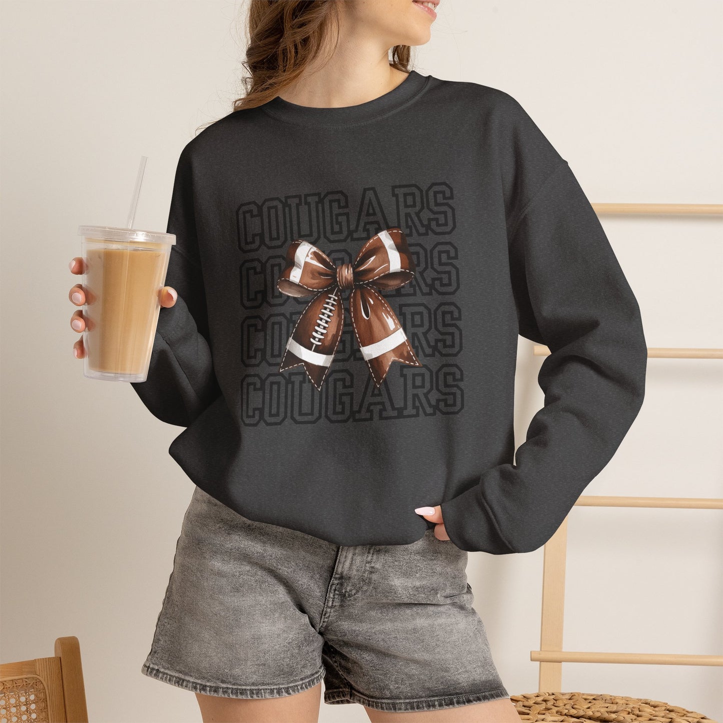 GILDAN - Cougars Cheer Bow Sweatshirt - Repeated Text Graphic Crewneck