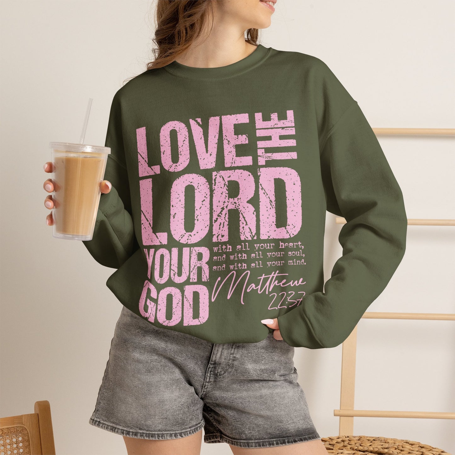 GILDAN - Christian Crewneck Sweatshirt — "Love the Lord Your God" Pink Scripture Graphic