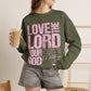 GILDAN - Christian Crewneck Sweatshirt — "Love the Lord Your God" Pink Scripture Graphic