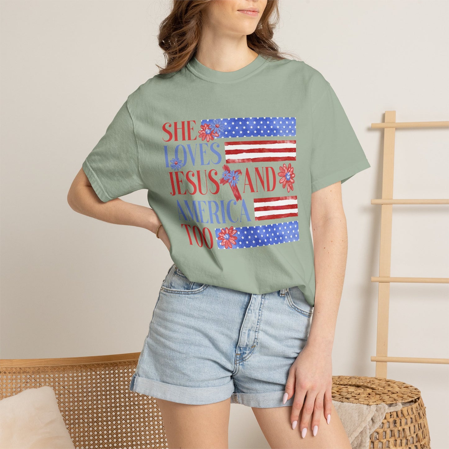COMFORT COLORS - She Loves Jesus and America Too T-Shirt — Patriotic Christian Tee for Women (July 4th)