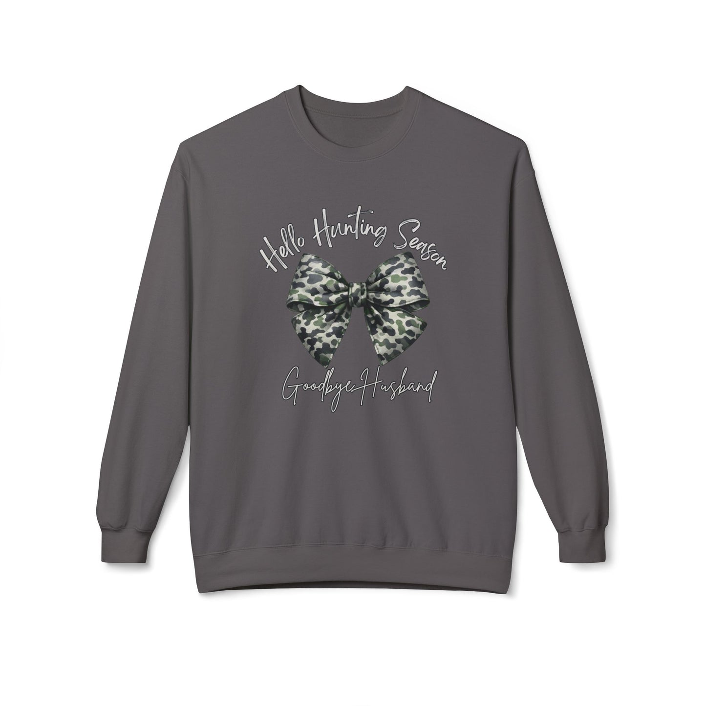 GILDAN - Crewneck Sweatshirt - 'Hate Hunting Season, Goodbye Husband' Camo Bow Graphic