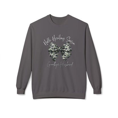 GILDAN - Crewneck Sweatshirt - 'Hate Hunting Season, Goodbye Husband' Camo Bow Graphic
